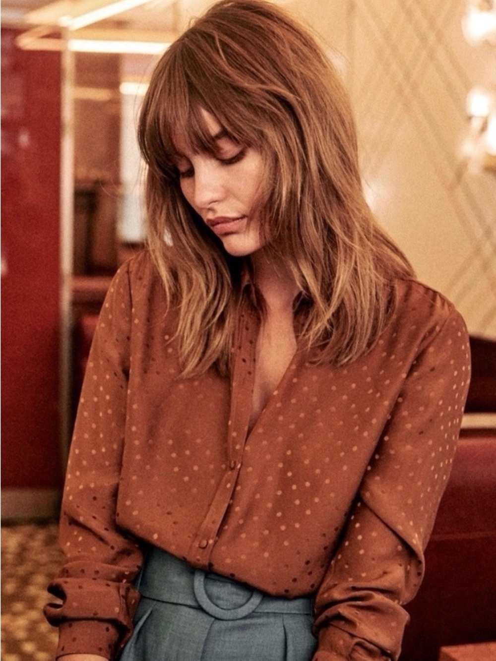 Sezane Silk Button Down Shirt
Jacquard Hazel Brown Polkadot